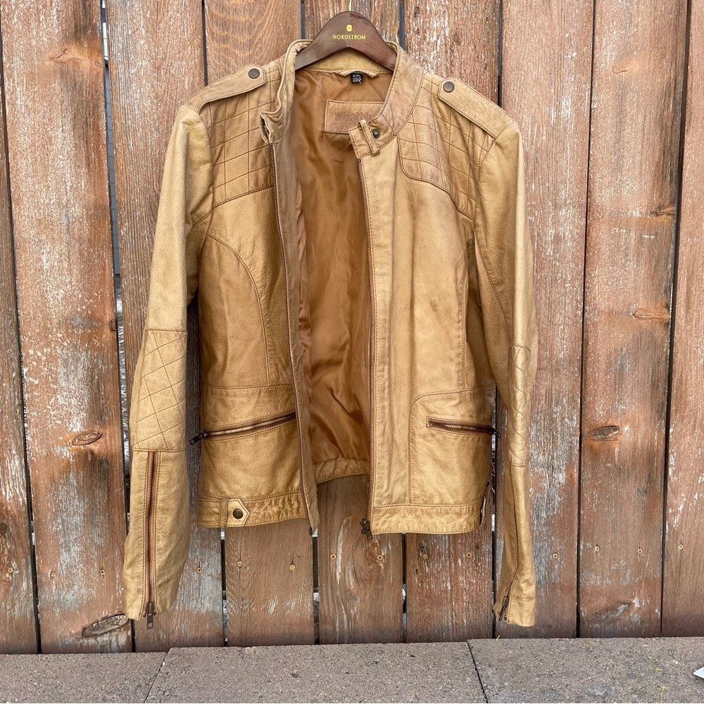 Nordstrom Women's Tan Leather Moto Jacket with Quilted Accents